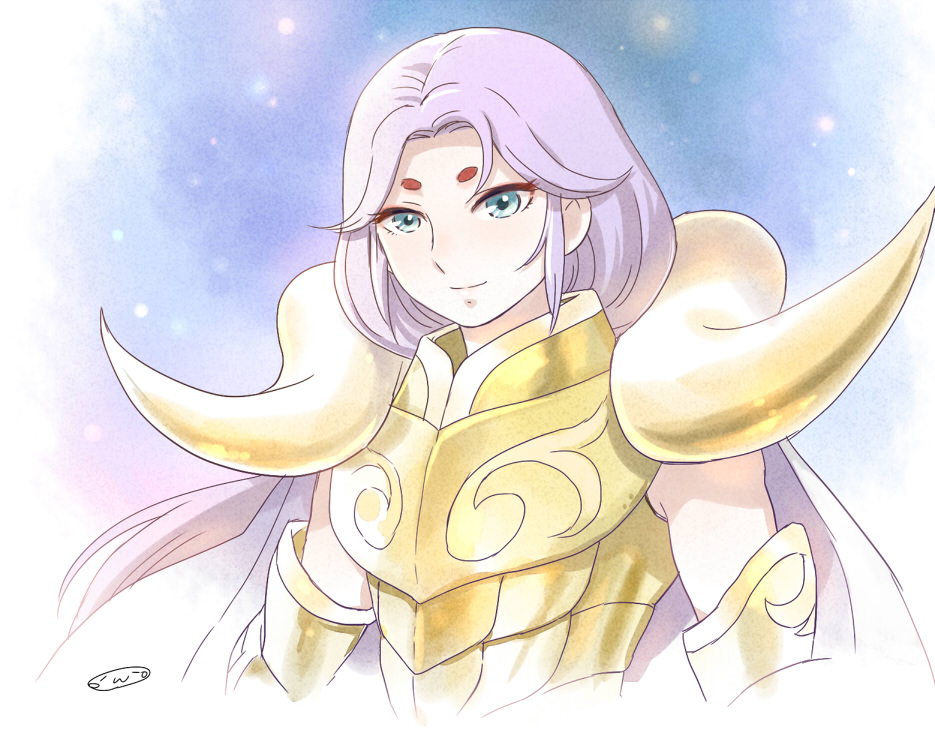 1boy androgynous aries_muu armor blue_eyes cape eyeliner fake_horns gold_armor gold_cloth gold_horns gold_saint hikimayu horned_armor horns long_hair looking_at_viewer low_ponytail makeup male_focus mizuhara_aki ponytail purple_hair red_eyeliner saint_seiya sheep_horns smile solo upper_body white_cape