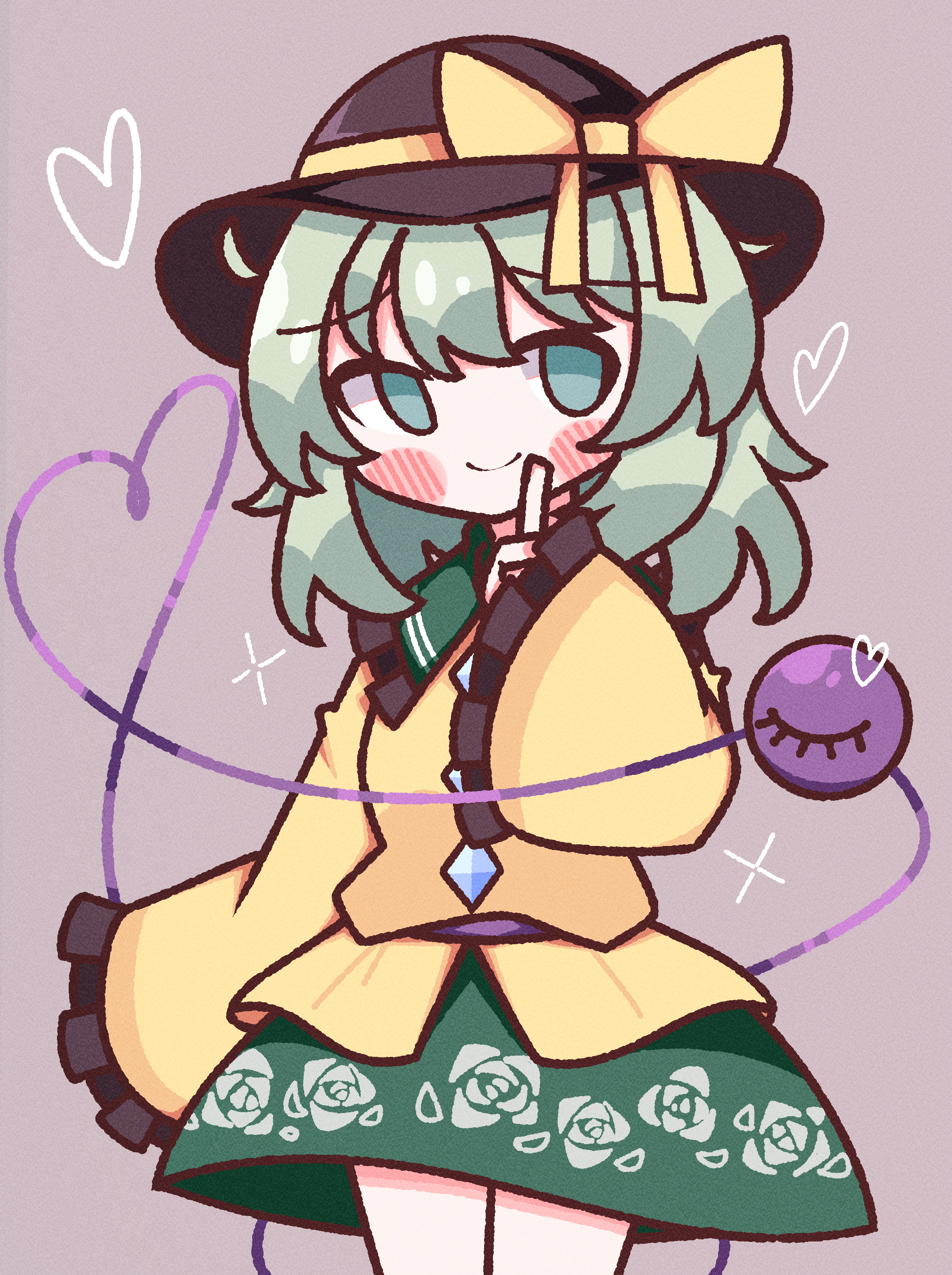 1girl absurdres black_hat blush bow buttons diamond_button finger_to_mouth floral_print frilled_shirt_collar frilled_sleeves frills green_eyes green_hair green_skirt hat hat_bow heart heart_of_string highres index_finger_raised komeiji_koishi light_green_hair long_sleeves medium_hair rose_print shirt simple_background skirt sleeves_past_fingers sleeves_past_wrists smile solo star_(symbol) third_eye touhou waroemon yellow_bow yellow_shirt