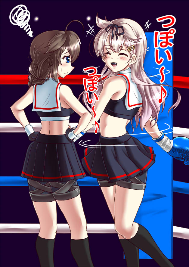 2girls abs adapted_uniform ahoge annoyed boxing_gloves boxing_ring braid choker closed_eyes fingerless_gloves gloves hair_flaps hair_ornament hair_over_shoulder hair_ribbon hairclip happy kantai_collection long_hair multiple_girls open_mouth ribbon santos shigure_(kancolle) single_braid skirt smile sports_bra sweat translation_request yuudachi_(kancolle)