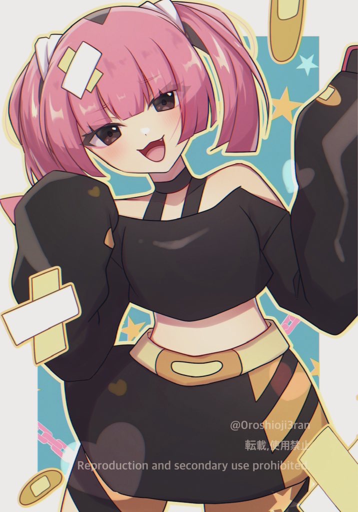 0roshioji3ran 1girl :d belt belt_buckle border brown_eyes buckle choker commentary_request coral_(pokemon) eyelashes fang game_freak hair_ornament hands_up long_sleeves looking_at_viewer mesugaki nintendo off_shoulder open_mouth pink_hair pokemon pokemon_(anime) pokemon_horizons skirt sleeves_past_fingers sleeves_past_wrists smile solo star_(symbol) tongue twintails watermark white_border yellow_belt