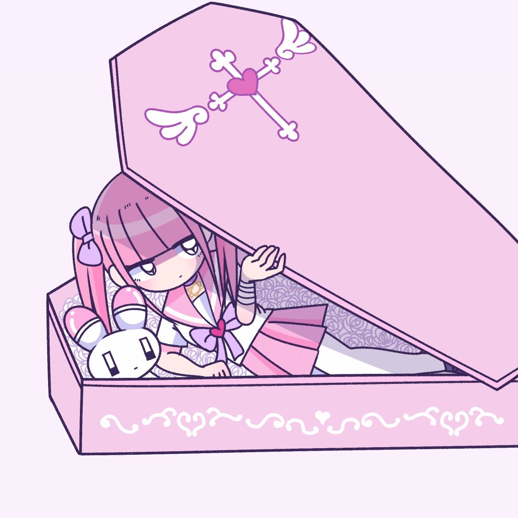 1girl animal bandaged_arm bandages black_eyes blunt_bangs bow choker closed_mouth coffin expressionless ezaki_bisuko flower grey_footwear hair_bow heart hexagram jewelry jitome light_blush looking_to_the_side menhera-chan_(ezaki_bisuko) menhera-chan_(ezaki_bisuko)_(character) necklace pink_flower pink_hair pink_sailor_collar pink_skirt purple_bow purple_choker rabbit sailor_collar school_uniform serafuku sidelocks simple_background skirt star_of_david thighhighs twintails usatan_(ezaki_bisuko) white_background white_serafuku white_thighhighs yami_kawaii