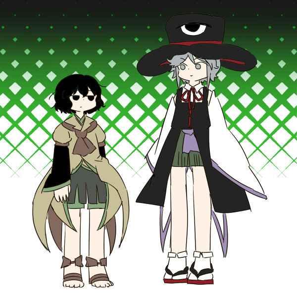 2others androgynous bare_legs bare_shoulders black_coat black_eyes black_hair black_hat black_kimono black_shorts brown_coat brown_footwear chikafumikou closed_mouth coat coattails collared_coat collared_shirt collared_socks commentary_request cosplay costume_switch detached_sleeves dot_nose enraku_tsubakura expressionless eye_of_senri full_body green_background green_hakama grey_eyes grey_hair hakama hakama_short_skirt hakama_skirt happy hat houlen_yabusame japanese_clothes jinbei_(clothes) kimono lapels layered_sleeves len&#039;en long_sleeves looking_at_another multiple_others neck_ribbon notched_lapels other_focus puffy_short_sleeves puffy_sleeves red_footwear red_ribbon ribbon sandals shirt short_hair short_hair_with_long_locks short_kimono short_over_long_sleeves short_sleeves shorts skirt sleeveless sleeveless_coat sleeveless_shirt sleeves_past_fingers sleeves_past_wrists smile socks standing tabi toes top_hat two-sided_fabric two-sided_headwear two-tone_background white_background white_shirt white_sleeves white_socks wide_sleeves zouri