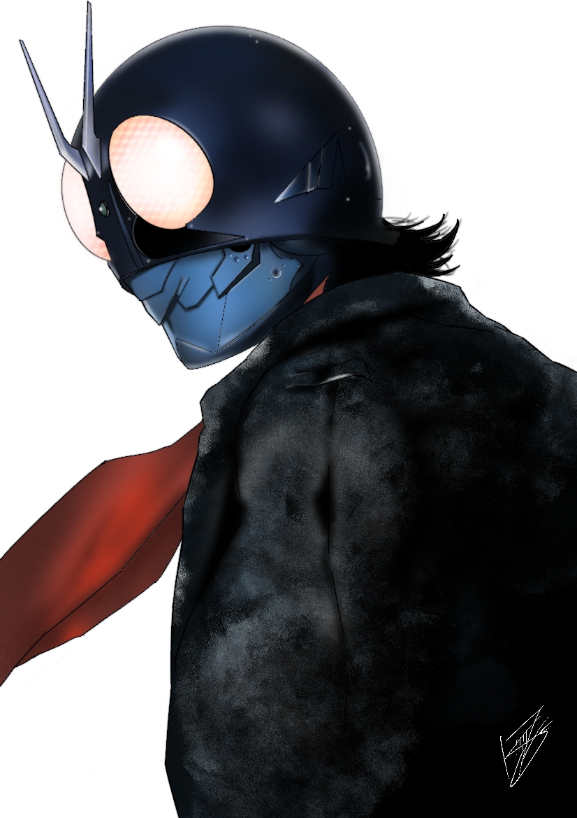 1boy black_coat black_hair coat commentary_request compound_eyes kamen_rider kamen_rider_1 kamen_rider_1_(shin) kamen_rider_1_(shin_kamen_rider) kouta_decade mask red_scarf scarf shin_kamen_rider signature simple_background solo tokusatsu upper_body v-fin white_background