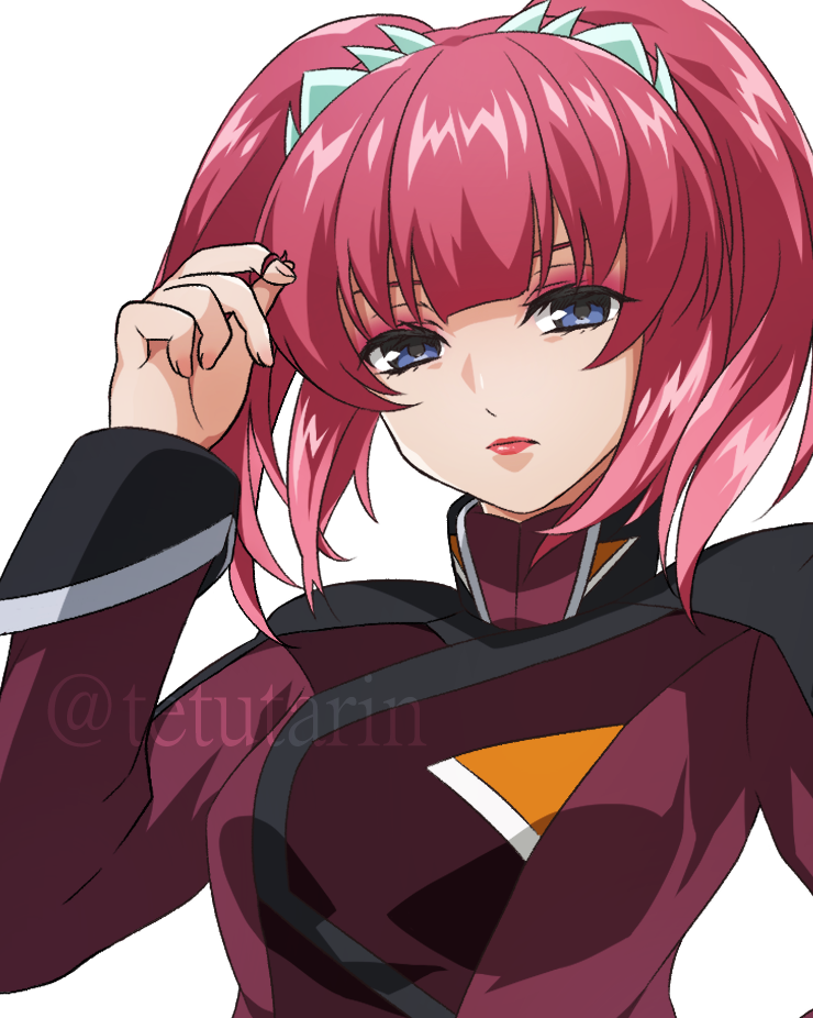 1girl agnes_giebenrath artist_name blue_eyes commentary_request eyeshadow frown gundam gundam_seed gundam_seed_freedom jacket looking_at_viewer makeup medium_hair portrait red_eyes red_eyeshadow red_hair red_jacket simple_background solo twintails twirling_hair twitter_username uemu watermark white_background