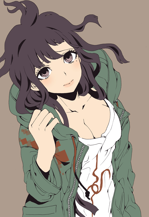 1girl black_hair breasts brown_background cleavage collarbone cosplay danganronpa_(series) danganronpa_2:_goodbye_despair dosugon green_jacket hand_up hood hood_down jacket komaeda_nagito komaeda_nagito_(cosplay) large_breasts long_sleeves looking_at_viewer messy_hair mole mole_under_eye open_clothes open_jacket print_shirt shirt simple_background solo tsumiki_mikan upper_body white_shirt