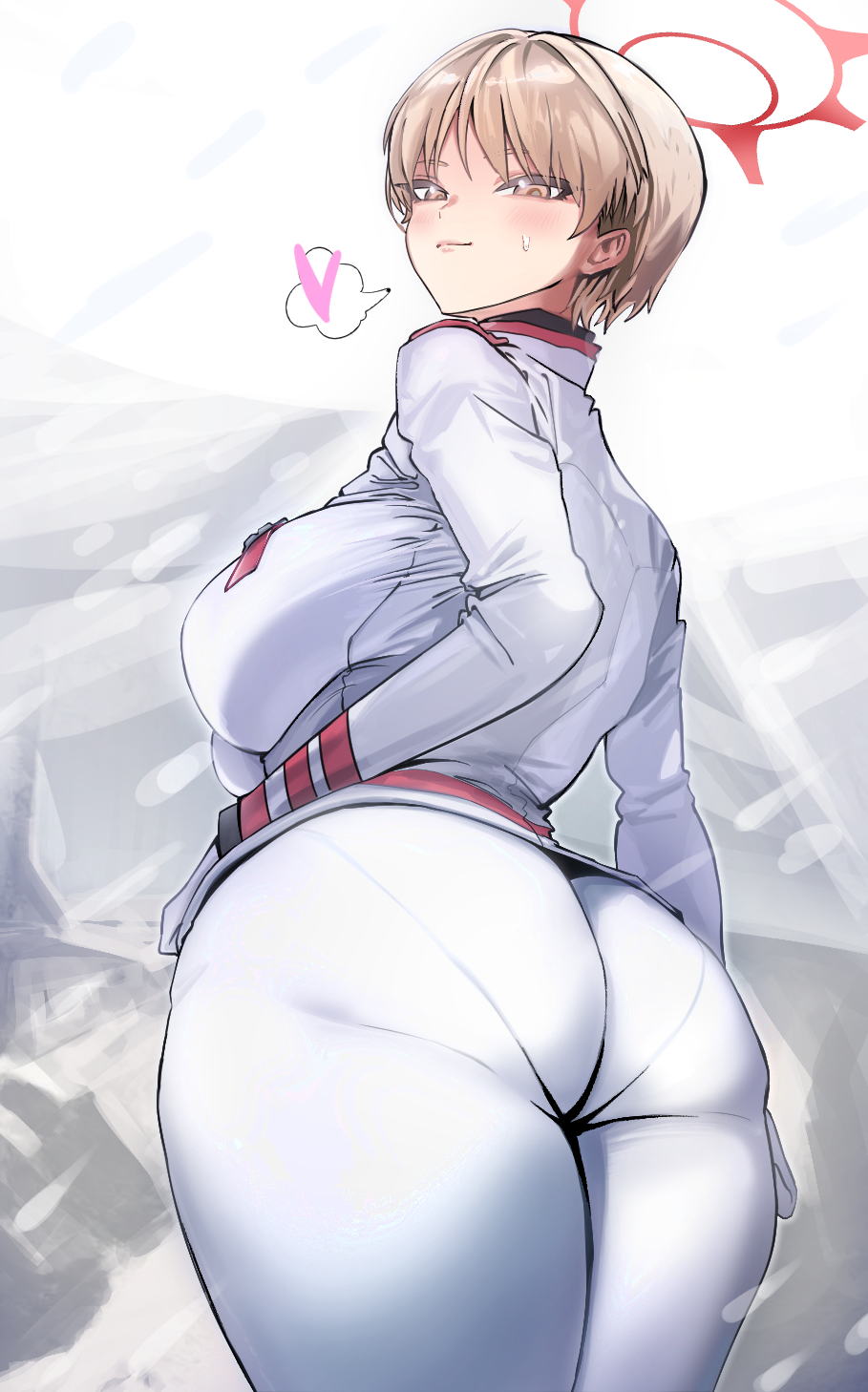 1girl artist_request ass ass_focus blonde_hair blue_archive blush breasts brown_eyes from_behind from_below gloves halo highres huge_ass large_breasts looking_at_viewer looking_down marina_(blue_archive) military_uniform pants pantylines short_hair sideboob smile solo sweat uniform