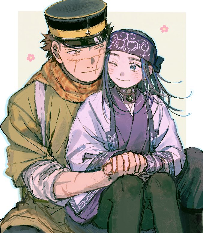 1boy 1girl ainu ainu_clothes asirpa banana0re3 black_hair blue_eyes brown_eyes closed_mouth earrings flower_symbol golden_kamuy hat headband holding_hands hoop_earrings imperial_japanese_army jewelry kepi light_blush long_hair looking_at_another military_hat one_eye_closed purple_headband scar scar_on_arm scar_on_face scarf short_hair sidelocks sitting sitting_on_lap sitting_on_person sugimoto_saichi two-tone_background two-tone_hat yellow_scarf