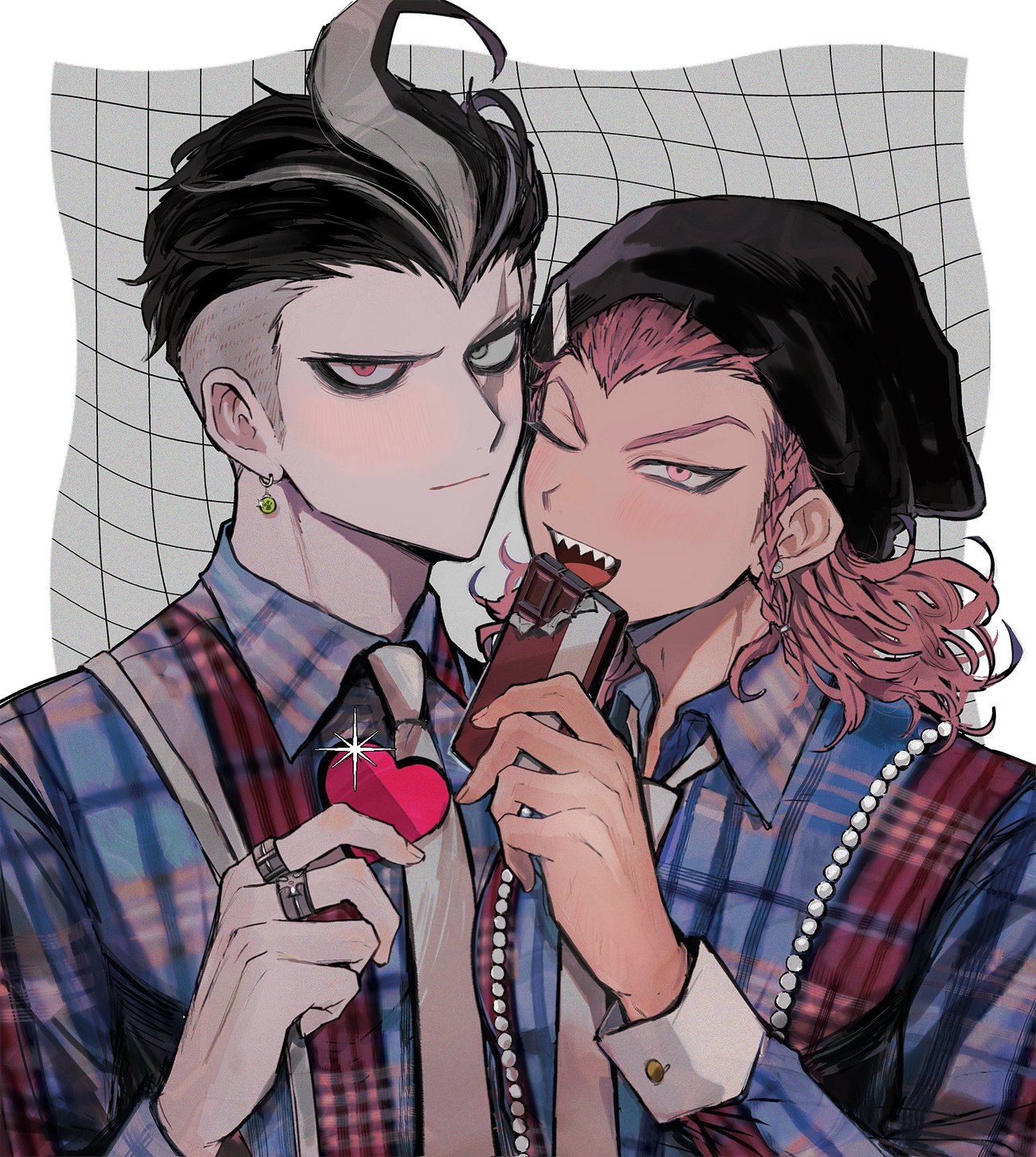 2boys beanie black_hair black_hat braid candy chocolate chocolate_bar closed_mouth collared_shirt commentary_request danganronpa_(series) danganronpa_2:_goodbye_despair earrings food grey_eyes grey_hair grid_background hair_slicked_back hat heterochromia highres holding holding_chocolate holding_food jewelry jitome joonoyuki long_sleeves looking_at_viewer male_focus medium_hair multicolored_hair multiple_boys multiple_rings one_eye_closed piercing pink_eyes pink_hair plaid_clothes plaid_shirt ring scar scar_across_eye scar_on_face sharp_teeth shirt side_braid sleeve_cuffs smile soda_kazuichi streaked_hair stud_earrings tanaka_gundham teeth upper_body upper_teeth_only widow's_peak wing_collar