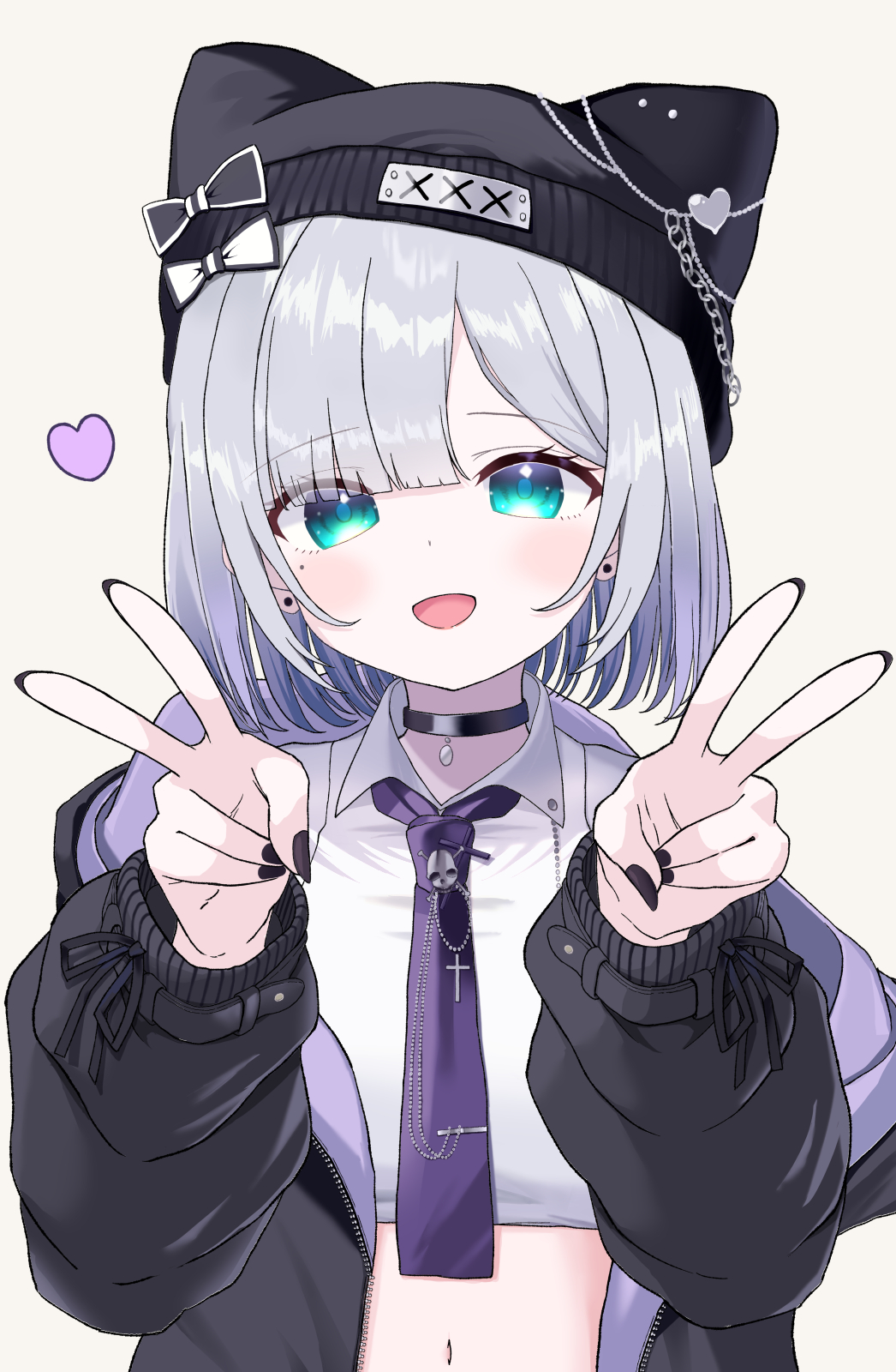 1girl animal_ear_headwear animal_ears aqua_eyes black_choker black_hat black_jacket black_nails choker collared_shirt double_v ear_piercing fake_animal_ears grey_hair hat heart highres jacket kaga_sumire kaga_sumire_(2nd_costume) kazumiya_yayoi looking_at_viewer midriff mole mole_under_eye navel necktie open_mouth piercing purple_necktie shirt simple_background solo upper_body v virtual_youtuber vspo! white_background white_shirt