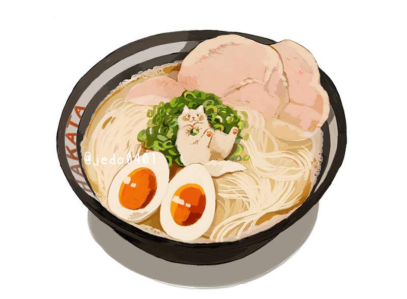 bowl cat food food_focus hakuchizu meat no_humans noodles original pork ramen simple_background softboiled_egg twitter_username undersized_animal white_background