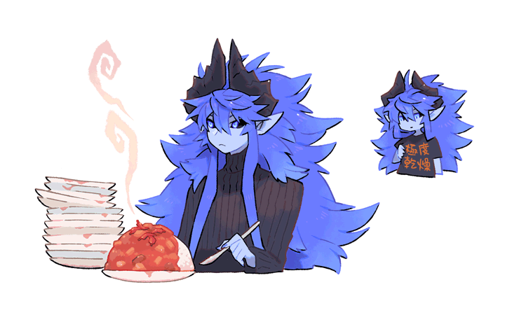 1boy ashtoreth_(inu_fuji) black_horns black_sclera black_shirt black_sweater blue_eyes blue_hair blue_skin closed_mouth colored_sclera colored_skin cropped_torso curry curry_rice curtained_hair dragon_boy dragon_horns food grabbing_own_shirt hair_between_eyes holding holding_spoon horns inu_fuji japanese_text long_hair long_tail looking_down looking_to_the_side male_focus messy_hair monster_boy multiple_views original plate plate pointy_ears pulling_own_clothes rice shirt sidelocks simple_background slit_pupils spoon steam steaming_food sweater tail text_print turtleneck turtleneck_sweater very_long_hair white_background