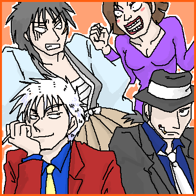 1girl 3boys akagi akagi:_yami_ni_oritatta_tensai akagi_shigeru arsene_lupin_iii arsene_lupin_iii_(cosplay) black_jacket cosplay crossover fukumoto_mahjong ishikawa_goemon_xiii ishikawa_goemon_xiii_(cosplay) itou_kaiji jacket jigen_daisuke jigen_daisuke_(cosplay) kaiji lowres lupin_iii mine_fujiko mine_fujiko_(cosplay) multiple_boys necktie oekaki parody red_jacket white_necktie yellow_necktie