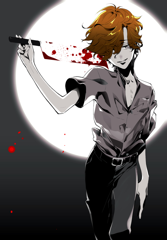1boy black_pants blood dark_background hatchet higurashi_no_naku_koro_ni higurashi_no_naku_koro_ni_rei moon orange_hair pants ryuuguu_kihiro school_uniform shirt solo suzuki_jirou white_shirt