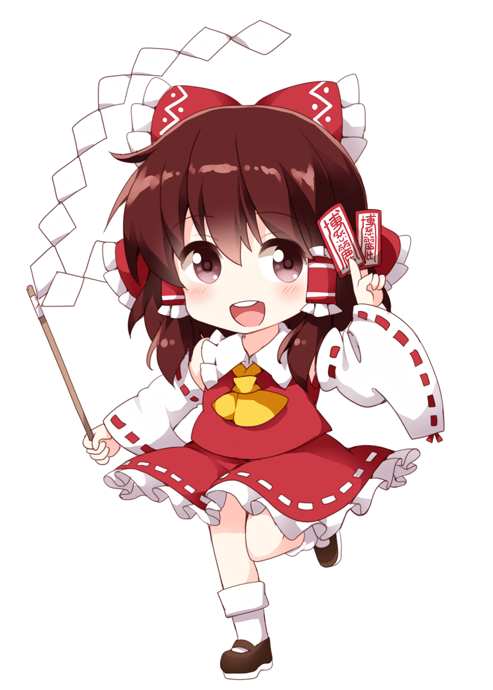 1girl :d ascot between_fingers blush bow brown_eyes brown_hair brown_shoes chibi chibi_only collared_shirt commentary_request detached_sleeves frilled_bow frilled_hair_tubes frilled_shirt_collar frilled_skirt frills full_body gohei hair_bow hair_tubes hakurei_reimu hand_up highres holding holding_gohei long_hair looking_at_viewer ofuda ofuda_between_fingers open_mouth red_bow red_shirt red_skirt ribbon-trimmed_sleeves ribbon_trim ruu_(tksymkw) shirt shoes sidelocks simple_background skirt sleeveless sleeveless_shirt smile socks solo standing standing_on_one_leg touhou white_background white_sleeves white_socks wide_sleeves yellow_ascot
