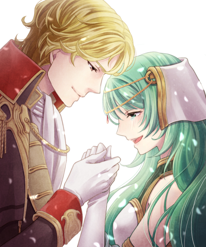 1boy 1girl blonde_hair blush brown_eyes camus_(fire_emblem) crying epaulettes fire_emblem fire_emblem_echoes:_shadows_of_valentia gloves green_eyes green_hair hair_ornament hetero ichino_tomizuki long_hair nintendo open_mouth petals portrait simple_background tatiana_(fire_emblem) teeth white_background
