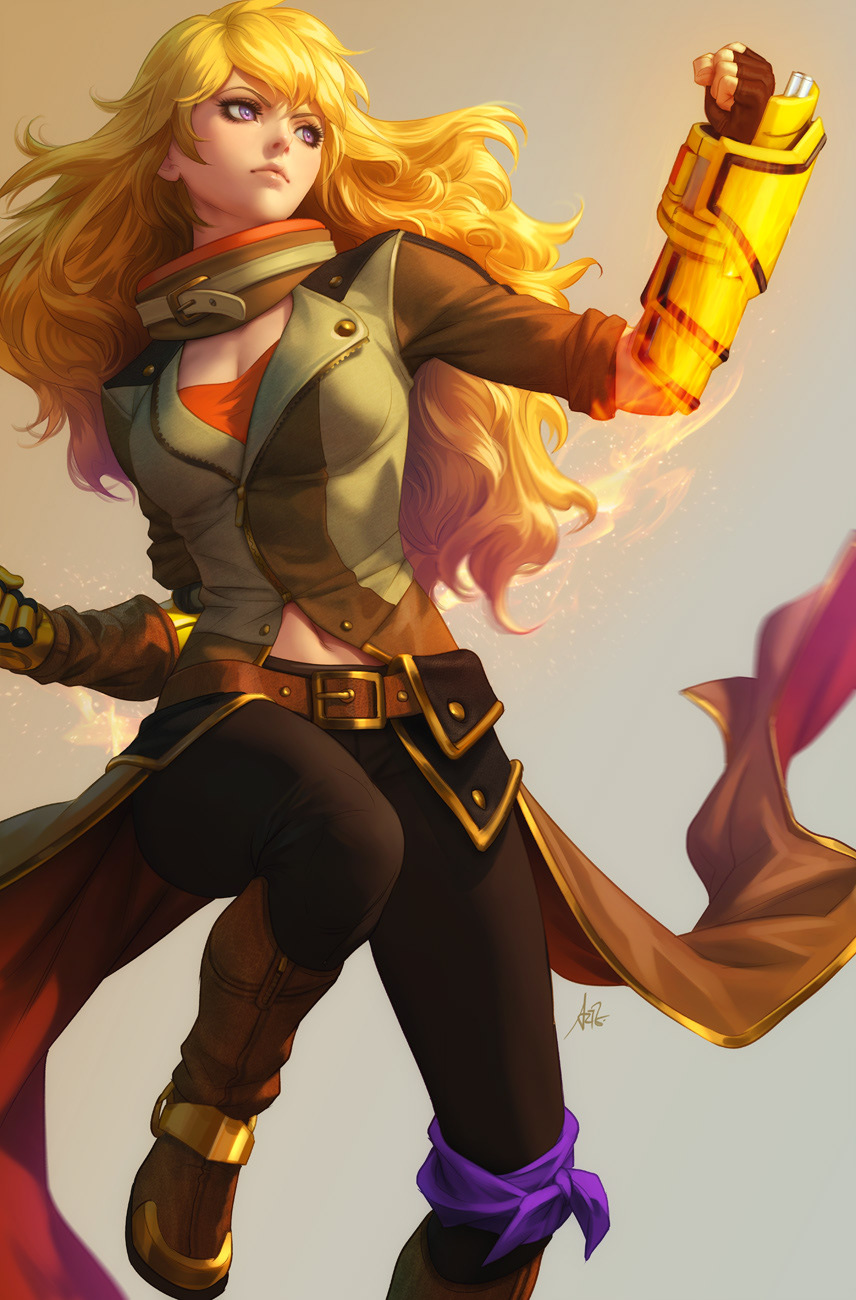 1girl belt black_gloves black_pants blonde_hair breasts cleavage clenched_hands closed_mouth ember_celica_(rwby) fighting fingerless_gloves gauntlets gloves hair_between_eyes highres medium_breasts pants purple_eyes realistic rwby sleeves_rolled_up stanley_lau yang_xiao_long