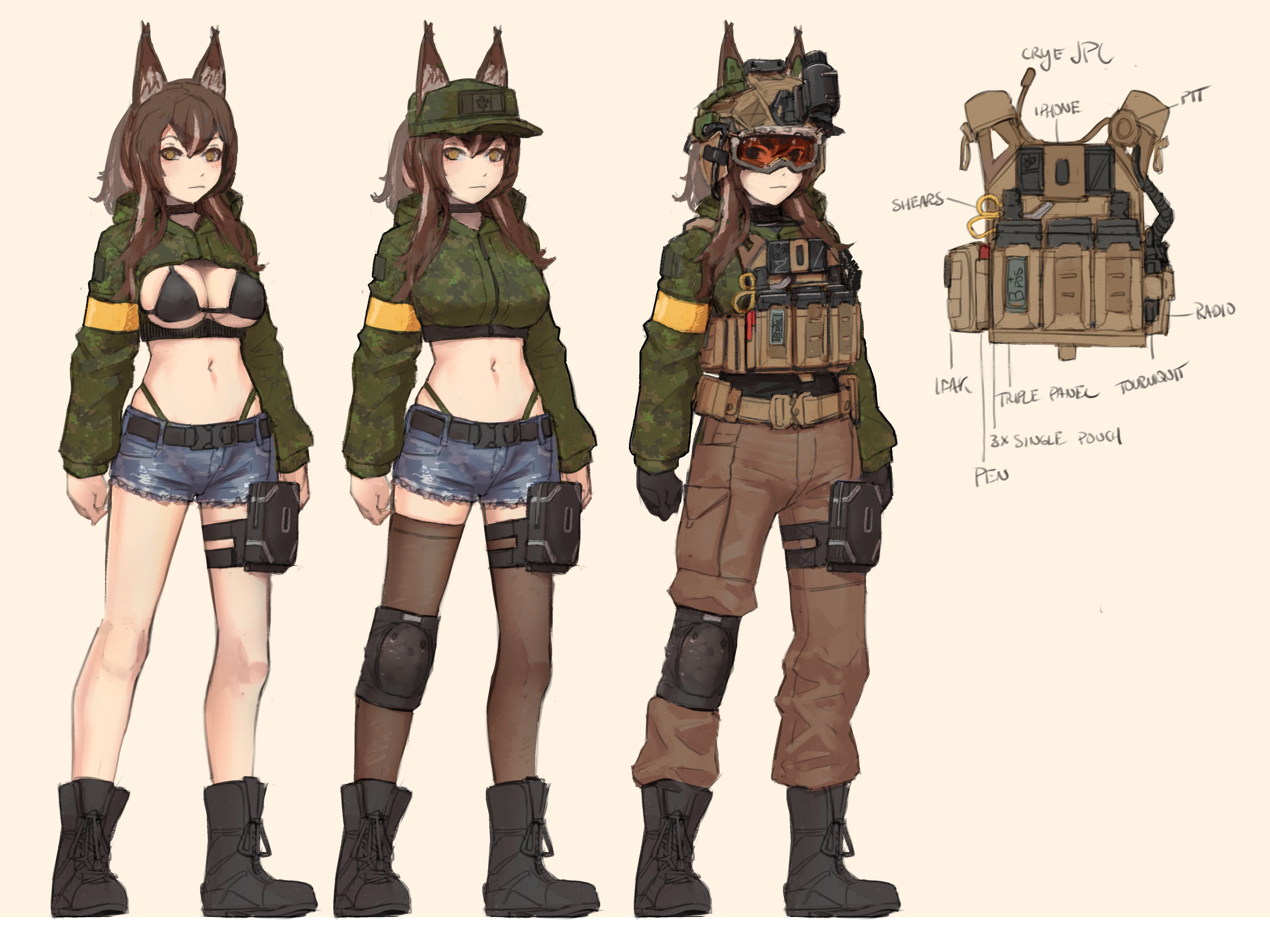 1girl absurdres ammunition_pouch animal_ear_fluff animal_ears_helmet animal_helmet armband belt bikini black_belt black_bikini black_choker black_footwear black_gloves black_thighhighs blue_shorts boots brown_background brown_hair brown_pantyhose bulletproof_vest callisto_(greyeth) camouflage camouflage_jacket canadian_flag cellphone reference_sheet choker closed_mouth commentary cropped_jacket cutoffs double-parted_bangs ears_through_headwear english_commentary english_text full_body gloves goggles helmet highres hood hooded_jacket iphone jacket knee_pads load_bearing_vest long_sleeves looking_at_viewer magazine_(weapon) navel night_vision_device notfuji original pants pants_tucked_in panty_straps pantyhose phone ponytail pouch red-tinted_eyewear scissors shorts simple_background single_knee_pad smartphone swimsuit thigh_pouch thighhighs tinted_eyewear variations walkie-talkie yellow_armband yellow_eyes