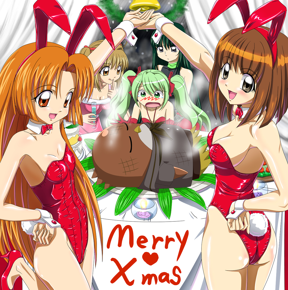 00s 5girls amagi_michal amagi_mikaru animal_ears ankoku_tiger ass bare_legs bird breasts brown_eyes brown_hair christmas cleavage commission fake_animal_ears highres hippo_(mermaid_melody_pichi_pichi_pitch) long_hair medium_breasts mermaid_melody_pichi_pichi_pitch multiple_girls nanami_lucia official_style orange_eyes orange_hair penguin playboy_bunny rabbit_ears rabbit_tail seira_(mermaid_melody_pichi_pichi_pitch) short_hair small_breasts tail touin_rina yuuri_(mermaid_melody_pichi_pichi_pitch)