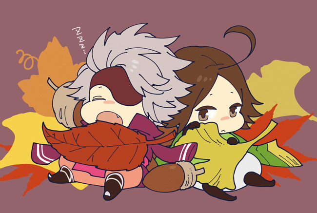 2boys :&lt; :o ahoge autumn autumn_leaves brown_background brown_eyes brown_hair chibi chibi_only chousokabe_motochika_(sengoku_basara) closed_eyes fang ginkgo_leaf leaf looking_at_another male_focus mouri_motonari_(sengoku_basara) multiple_boys no_headwear sengoku_basara short_hair simple_background sleeping yona_(waiko)