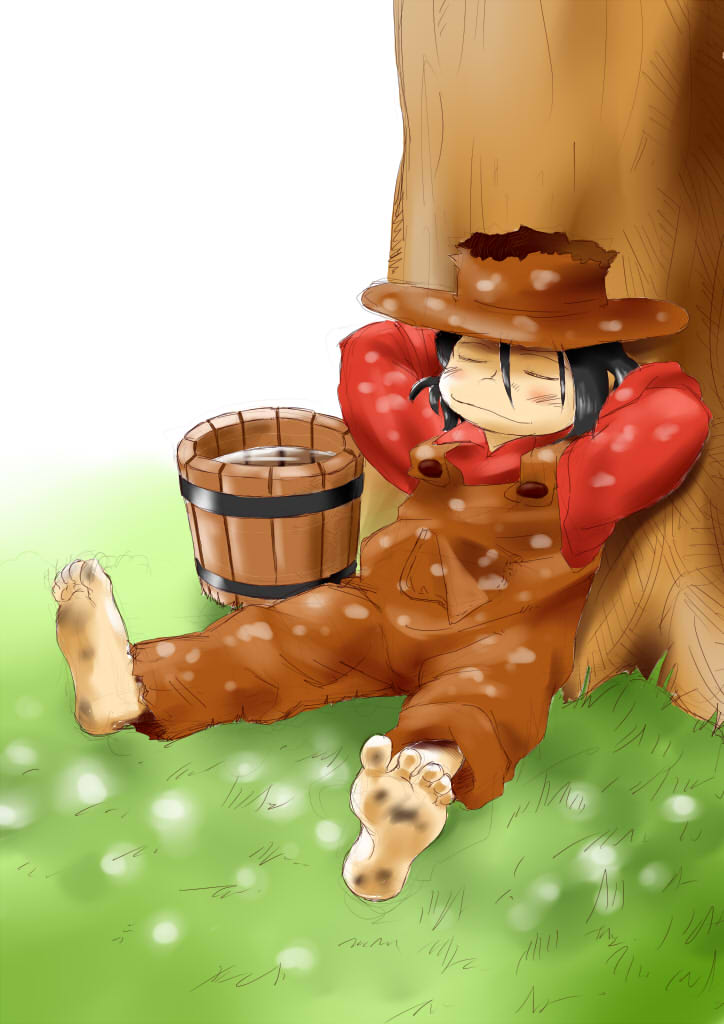 1boy adventures_of_huckleberry_finn arms_behind_head barefoot black_hair dirty dirty_feet closed_eyes hat huckleberry_finn ii_tenki male_focus short_hair sitting solo tree tub water world_masterpiece_theater