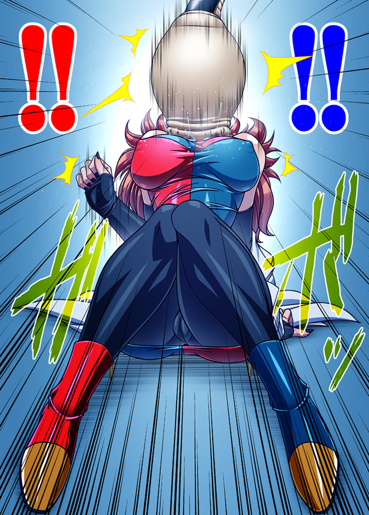 1girl android_21 ass bare_shoulders black-framed_eyewear black_nails blue_eyes boots breasts brown_hair cameltoe cell_(dragon_ball) coat detached_sleeves dragon_ball dragon_ball_fighterz dragonball_z dress earrings hamon_ai hip_focus hoop_earrings jewelry lab_coat legs medium_breasts multicolored_boots multicolored_dress nail_polish pantyhose ryona semi-perfect_cell shirt skirt tail taut_clothes taut_shirt thighs upskirt vore