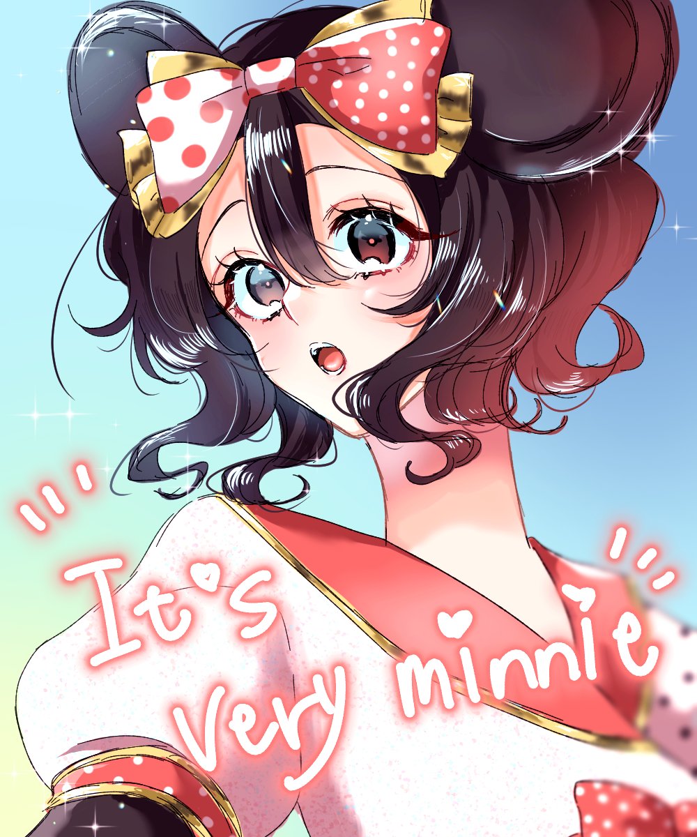 1girl animal_ears animification beruko_pd black_hair bow disney disneyland dress hair_bow highres humanization looking_at_viewer mickey_mouse_&amp;_friends minnie_mouse minnie_mouse_ears open_mouth personification polka_dot polka_dot_bow polka_dot_dress short_hair solo upper_body