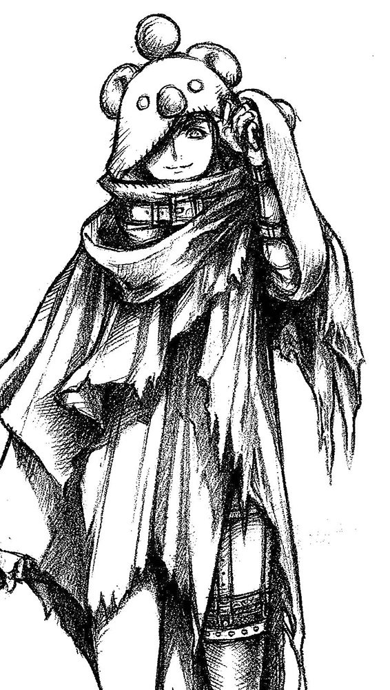 1girl adjusting_hood character_hood cloak final_fantasy final_fantasy_vii final_fantasy_vii_remake greyscale hood_over_one_eye monochrome nomura_tetsuya official_art short_shorts shorts simple_background single_thighhigh sketch smile solo standing thighhighs yuffie_kisaragi
