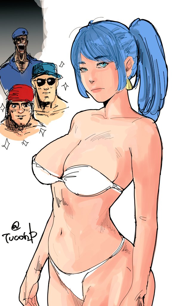 1girl 3boys bikini blue_eyes blue_hair blush bra breasts clark_still cleavage earrings heidern ikari_warriors jewelry large_breasts leona_heidern medium_breasts multiple_boys ponytail ralf_jones snk swimsuit the_king_of_fighters thong tucon_b underwear