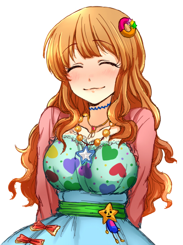 10s 1girl :3 ^_^ arms_behind_back artist_request big-lezard07 blush breasts brown_hair closed_eyes female_focus hair_ornament heart heart_pattern heart_print idolmaster idolmaster_cinderella_girls jewelry large_breasts long_hair moroboshi_kirari multiple_necklaces necklace pink_shirt ribbon shirt smile solo star_(symbol) star_hair_ornament very_long_hair