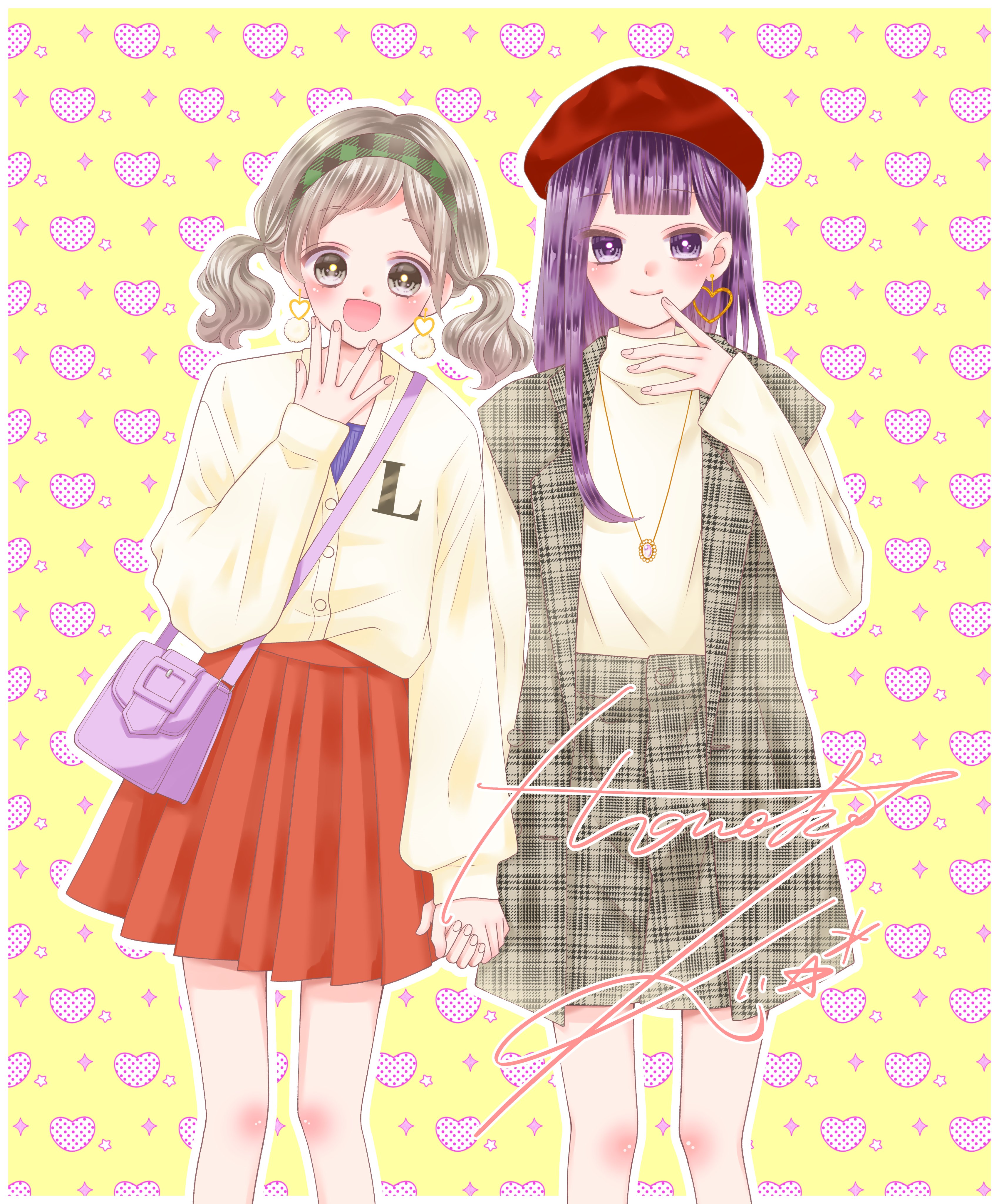 2girls :d absurdres alphabet amano_akari_(leo_to_mikazuki) bag beret black_hairband blue_shirt blunt_bangs blush bright_pupils cardigan center-flap_bangs closed_mouth coat commentary_request diamond_(shape) earrings feet_out_of_frame fingernails green_hairband grey_coat grey_eyes grey_hair grey_skirt hair_behind_ear hairband handbag hat heart heart_background heart_earrings highres holding_hands jewelry kinoshita_honoka knee_blush leo_to_mikazuki long_hair long_sleeves looking_at_viewer low_twintails medium_hair multiple_girls necklace open_mouth outline pink_nails plaid_clothes plaid_coat plaid_hairband plaid_skirt pleated_skirt purple_bag purple_eyes purple_hair red_headwear red_skirt shirt shirt_tucked_in shoulder_bag side-by-side signature skirt sleeveless sleeveless_coat sleeves_past_wrists smile star_(symbol) straight-on takizawa_honoka turtleneck twintails white_cardigan white_outline white_pupils white_shirt yellow_background