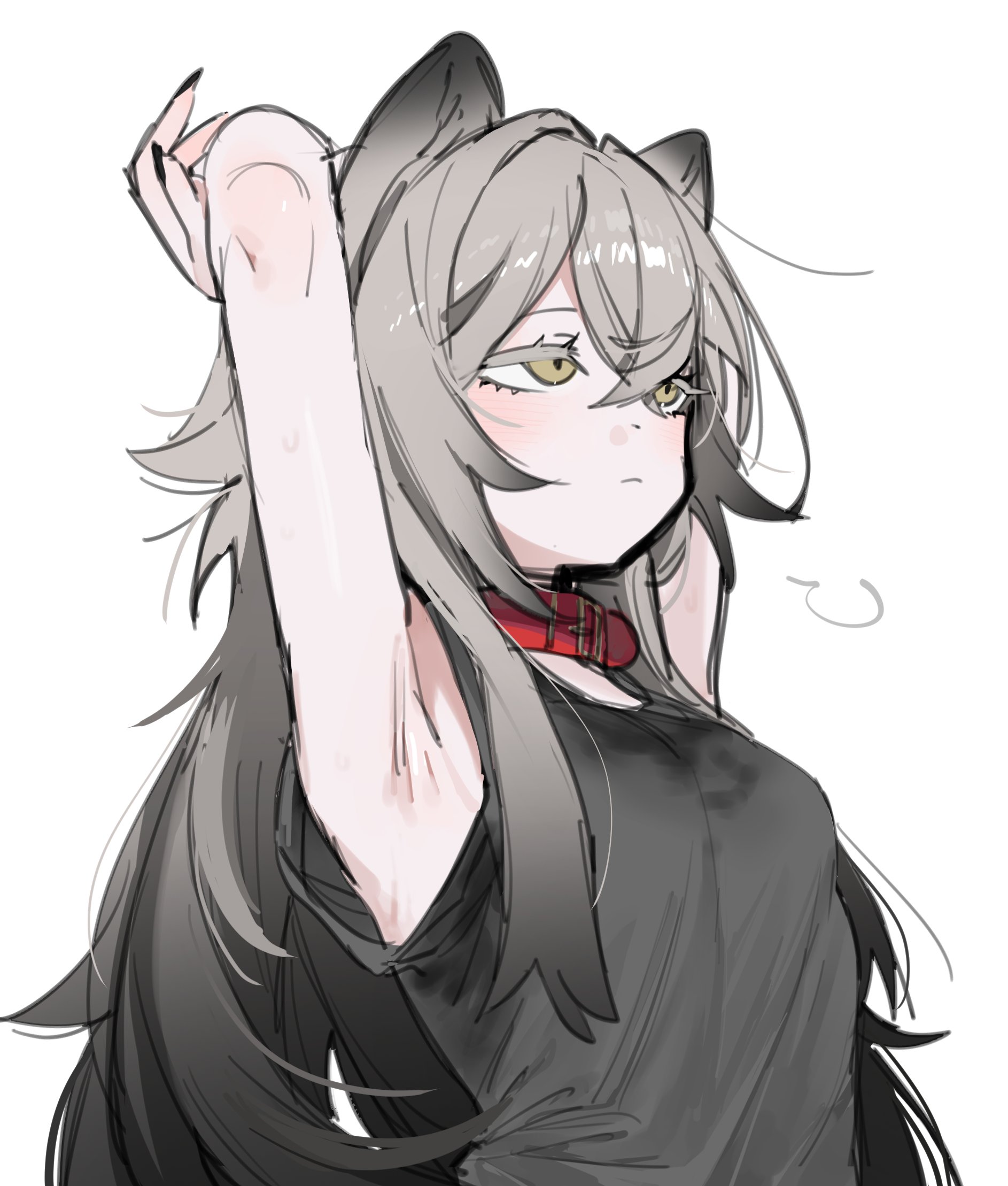 1girl animal_ears armpits arms_behind_head black_tank_top brown_eyes collar degrees_of_lewdity grey_hair highres kai_(drakkai10) long_hair original red_collar shoya_(kai_(drakkai10)) simple_background solo tank_top upper_body white_background