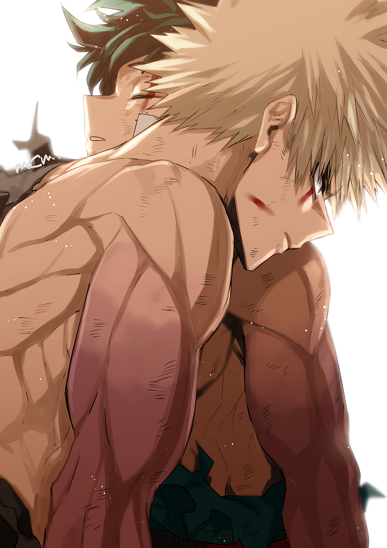 2boys bakudeku bakugou_katsuki bandaid bandaid_on_face blonde_hair blood boku_no_hero_academia bruise bruise_on_arm destroyed_clothing freckles green_hair male_focus midoriya_izuku mkm_(mkm_storage) multiple_boys muscular muscular_male red_eyes short_hair spiked_hair topless_male torn_clothes yaoi