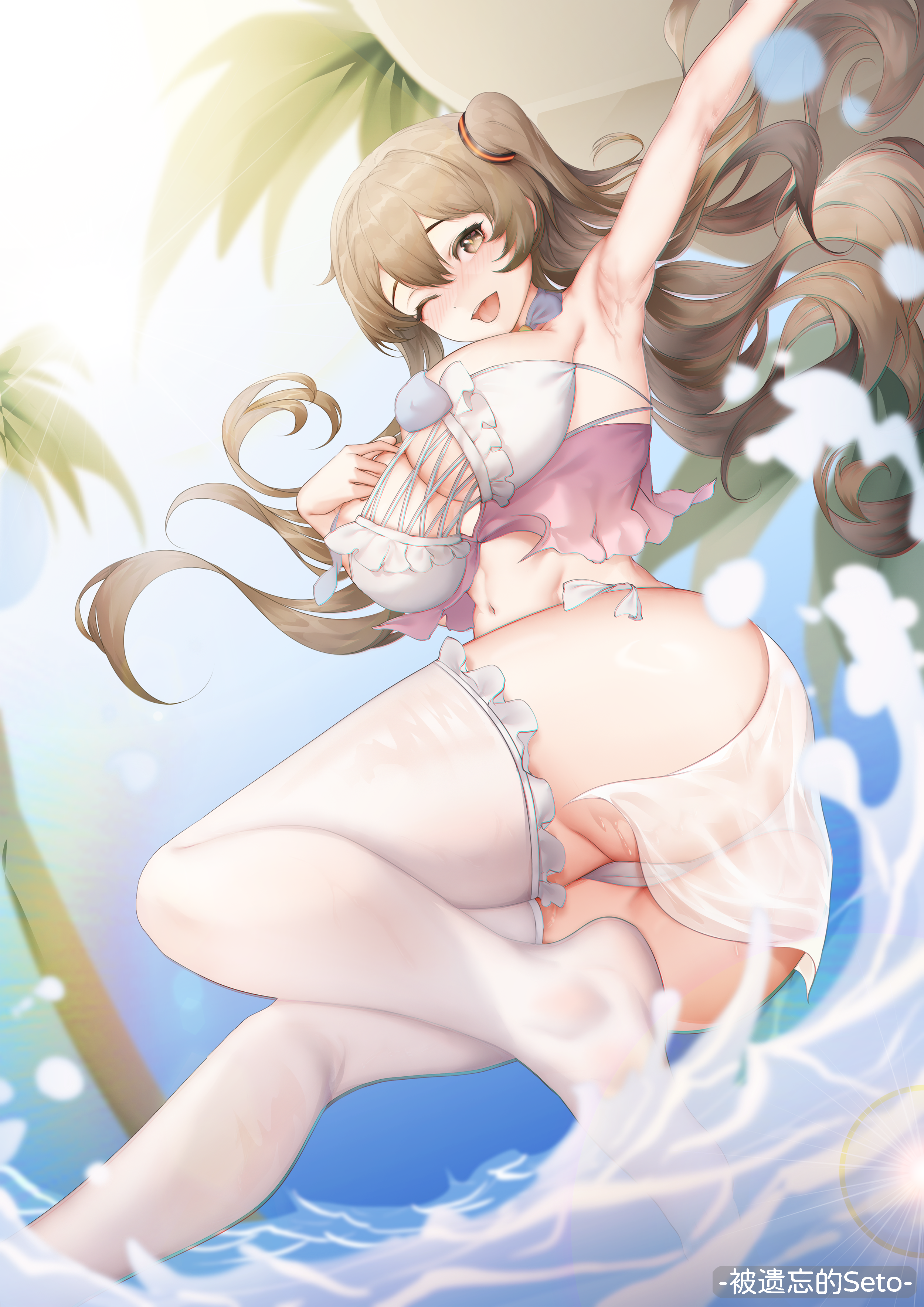 1girl ;d absurdres arm_up armpits ass beach blush breasts brown_eyes brown_hair crop_top cross-laced_clothes cross-laced_top curly_hair day from_below full_body girls&#039;_frontline girls&#039;_frontline_2:_exilium hair_between_eyes hand_on_own_chest highres k2_(girls&#039;_frontline) large_breasts legs long_hair looking_at_viewer looking_down midriff navel ocean one_eye_closed open_mouth outdoors panties side_ponytail smile solo splashing standing standing_on_one_leg thatob thighhighs thighs underwear variant_set very_long_hair wet wet_clothes white_panties yoohee_(girls&#039;_frontline_2) yoohee_(miracle_sweetheart)_(girls&#039;_frontline_2)