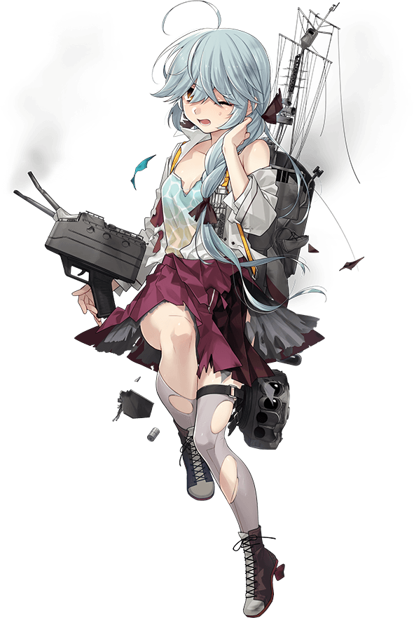 1girl adapted_turret ahoge aqua_bow aqua_bowtie black_ribbon blazer blue_camisole bow bowtie braid breasts brown_eyes camisole dress fujikawa full_body gradient_camisole green_eyes grey_hair grey_jacket grey_thighhighs hair_over_eyes halter_dress halterneck hamanami_(kancolle) hamanami_kai_ni_(kancolle) jacket kantai_collection long_hair long_sleeves machinery official_art one_eye_closed open_mouth pleated_dress purple_dress ribbon single_braid small_breasts smoke solo standing thighhighs torn_clothes transparent_background
