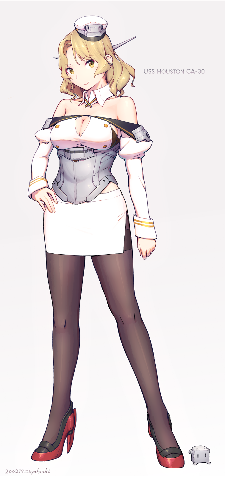1girl black_skirt blush breasts brown_eyes brown_pantyhose buttons character_name cleavage commentary_request corset detached_collar detached_sleeves female_focus full_body hat high_heels highres houston_(kancolle) kantai_collection large_breasts light_brown_hair long_hair looking_at_viewer nakaaki_masashi pantyhose peaked_cap pencil_skirt range_finder rudder_footwear shin_guards simple_background skirt smile solo standing thighband_pantyhose white_hat