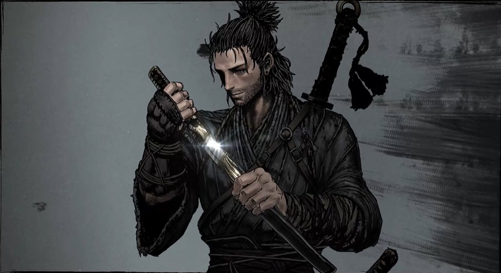 1boy beard bracer earrings facial_hair holding holding_sword holding_weapon jewelry katana mabinogi mabinogi_heroes mature_male rope samurai simple_background sword weapon