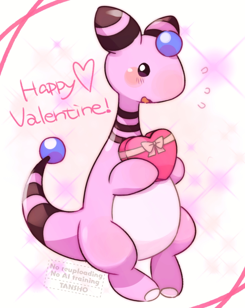 alternate_color ampharos artist_name blush blush_stickers commentary_request english_text flying_sweatdrops full_body gen_2_pokemon happy_valentine holding nintendo no_humans open_mouth pokemon pokemon_(creature) shiny_pokemon solo sparkle tansho white_background
