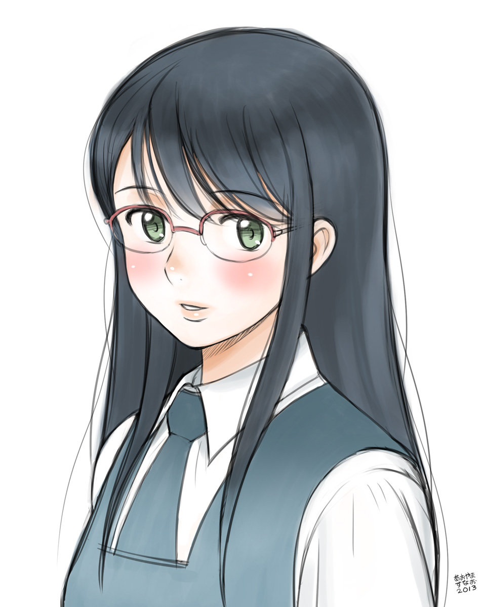 1girl 2013 aoi_hana aoyama_sunao artist_name black_hair blush collared_shirt glasses green_eyes grey_necktie grey_vest highres lips long_hair looking_at_viewer manjoume_fumi necktie nose_blush over-rim_eyewear parted_lips red-framed_eyewear school_uniform semi-rimless_eyewear shirt sidelocks simple_background solo upper_body vest white_shirt