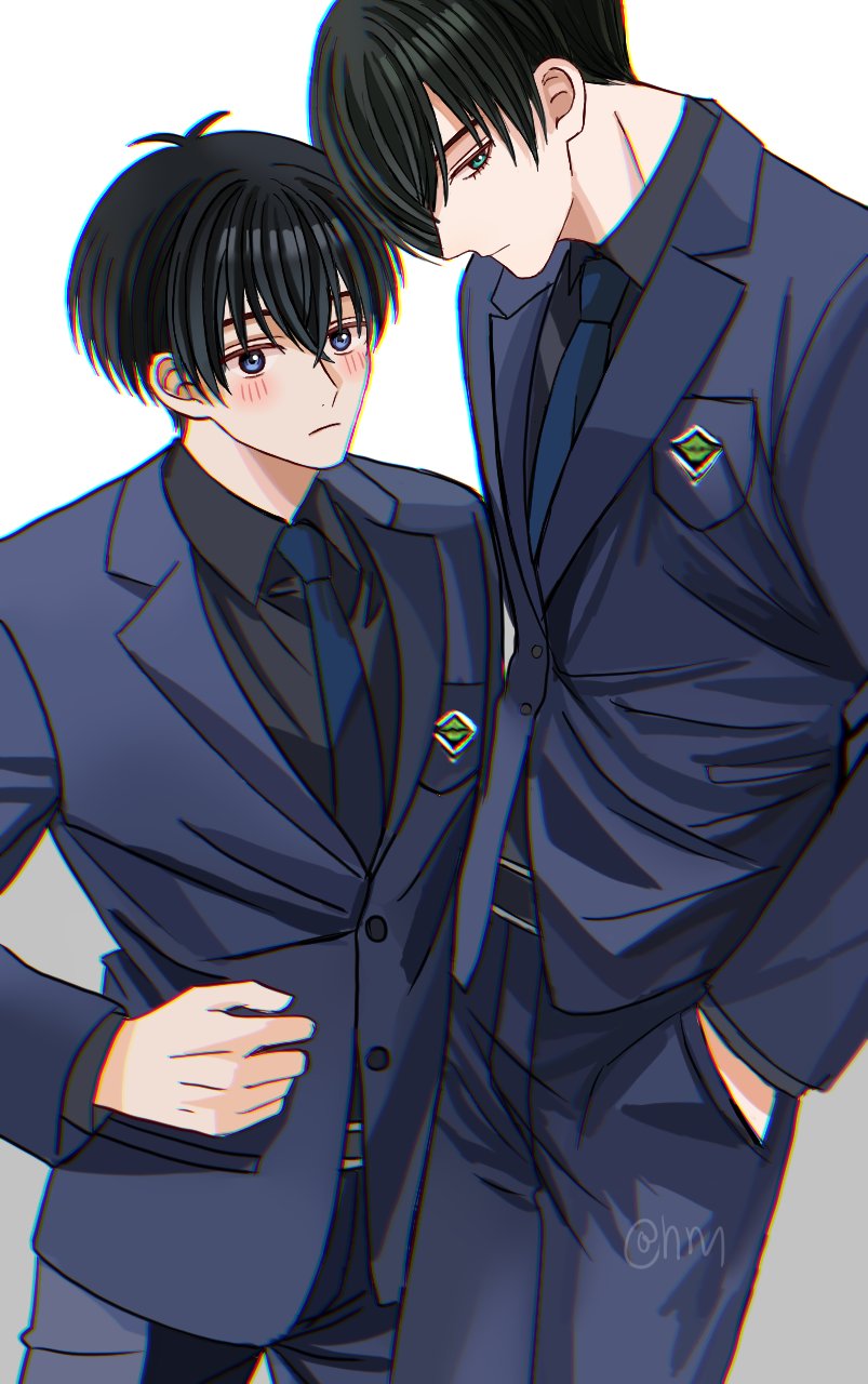 2boys aqua_eyes black_hair black_jacket black_pants black_shirt black_suit blue_eyes blue_lock blue_necktie blush closed_mouth formal_clothes hair_between_eyes highres hyohls2_(hamao3o) isagi_yoichi itoshi_rin jacket long_sleeves male_focus multiple_boys necktie pants shirt short_hair suit white_background