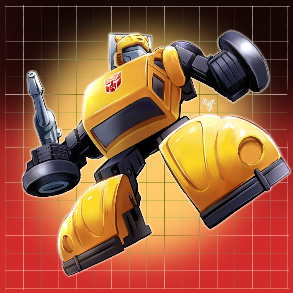 assault_visor autobot ayo_(ayosanri009) bumblebee_(transformers) gun holding holding_gun holding_weapon looking_up mecha mecha_focus no_humans robot science_fiction transformers transformers:_generation_1 weapon