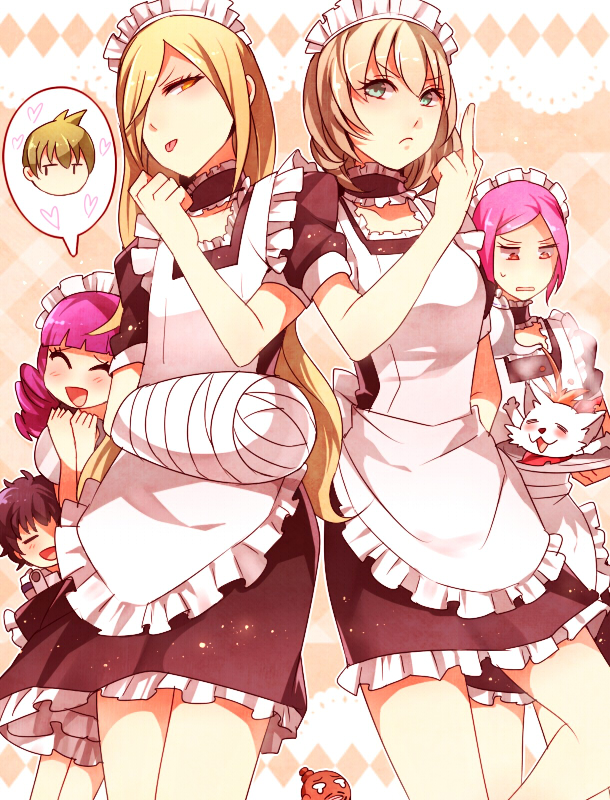 10s 1boy 4girls adenokouji_nadeshiko bad_id bad_pixiv_id binbougami_ga! blonde_hair bobby_statice cast daimon_shinobu dark_skin dog green_eyes hair_over_one_eye head_bump heart inugami_momoo maid middle_finger mojya momiji_(binbougami_ga!) multiple_girls rindou_ranmaru sakura_ichiko tears tsuwabuki_keita