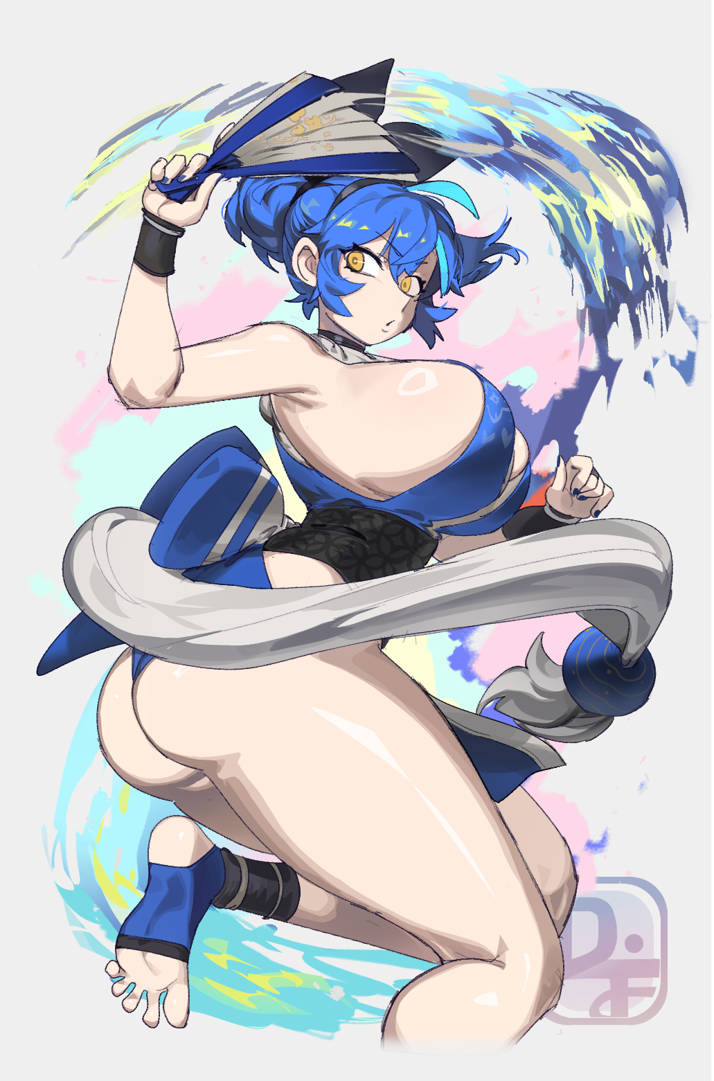 1girl ass bare_legs bare_shoulders blue_hair breasts commentary cosplay dif_(difman) difman fatal_fury feet hairband hand_fan highres huge_breasts legs mole multicolored_hair original pelvic_curtain ponytail shiranui_mai shiranui_mai_(cosplay) short_ponytail street_fighter street_fighter_6 toes yellow_eyes