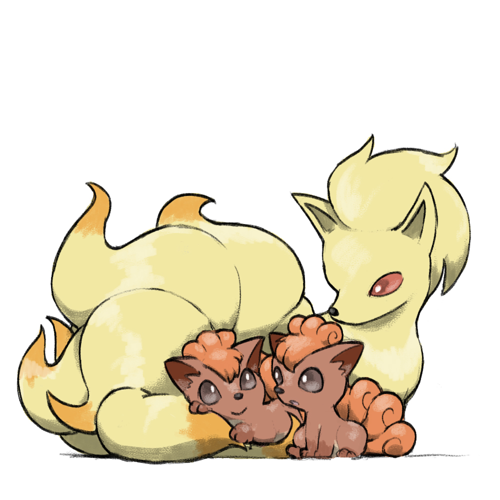 :&gt; :o animal_focus blacknirrow closed_mouth evolutionary_line gen_1_pokemon ninetales nintendo no_humans open_mouth pokemon pokemon_(creature) pokemon_focus red_eyes simple_background smile vulpix white_background