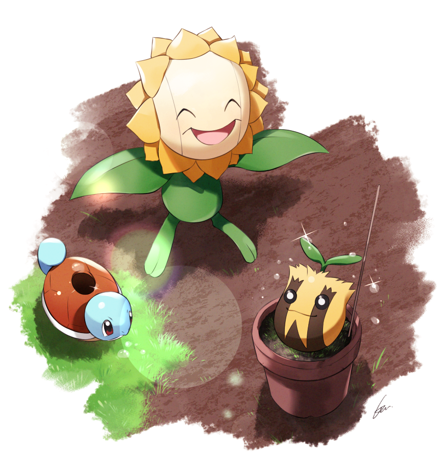 black_eyes border bottle bright_pupils closed_mouth commentary_request flower_pot from_above gen_1_pokemon gen_2_pokemon grass haisato_(ddclown14) lens_flare looking_up nintendo pokemon signature smile soil sparkle squirt_bottle_(pokemon) squirtle sunflora sunkern water_bottle water_drop white_border white_pupils