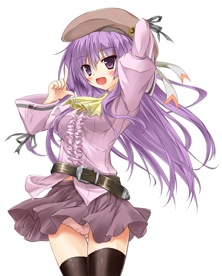 1girl ascot black_thighhighs blush breasts female_focus long_hair medium_breasts open_mouth original panties pantyshot purple_eyes purple_hair simple_background skirt smile solo suien thighhighs underwear upskirt very_long_hair white_background