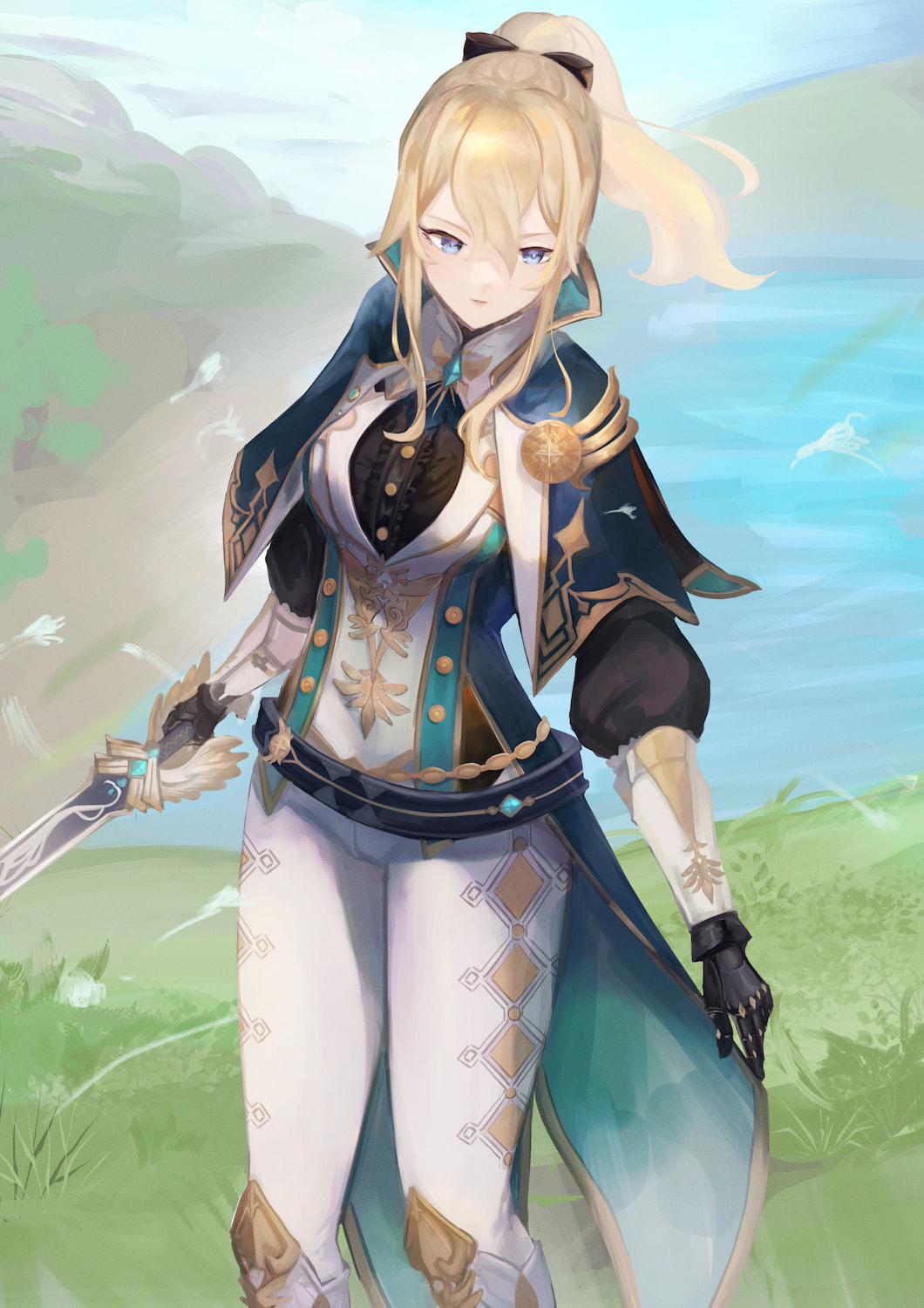 1girl argyle_clothes argyle_pants armor black_background black_gloves black_skirt blonde_hair blue_capelet blue_eyes bow breasts buttons capelet center_frills coattails commentary double-parted_bangs feet_out_of_frame frills gauna genshin_impact gloves greaves hair_between_eyes hair_bow highres holding holding_sword holding_weapon jean_(genshin_impact) jean_(gunnhildr&#039;s_legacy)_(genshin_impact) long_hair long_sleeves medium_breasts official_alternate_costume outdoors pants ponytail puffy_long_sleeves puffy_sleeves sayuumigi sidelocks skirt solo sword vambraces vest waistcoat weapon white_pants
