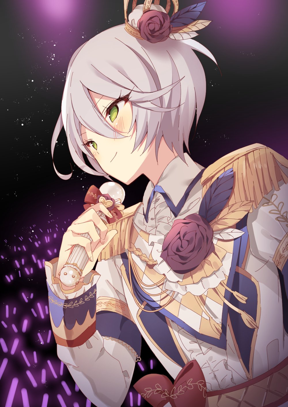 1girl audience bad_id bad_twitter_id closed_mouth concert crown epaulettes flower glowstick green_eyes grey_hair hair_between_eyes hand_up highres holding holding_microphone idol idol_clothes inactive_account jacket light_particles long_sleeves looking_ahead microphone mini_crown penlight_(glowstick) pretty_series pripara red_flower red_rose rose shikyoin_hibiki short_hair smile solo upper_body uzuki_asa white_jacket