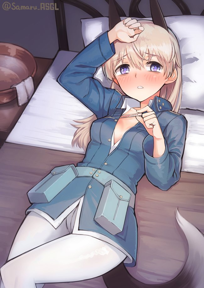 1girl animal_ears artist_name belt belt_pouch blonde_hair blue_coat blush breasts cameltoe center_opening cleavage coat collared_coat collared_shirt commentary_request eila_ilmatar_juutilainen fever fox_ears fox_girl hair_between_eyes hand_on_own_forehead holding holding_thermometer indoors leggings long_hair long_sleeves looking_at_viewer lying on_back on_bed pantyhose parted_lips pillow pouch purple_eyes samaru_(seiga) shirt sick solo strike_witches tail thermometer twitter_username upper_body white_leggings white_pantyhose white_shirt world_witches_series