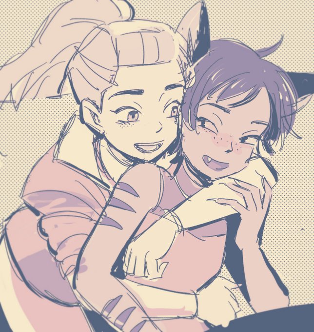 2girls adora adora_(she-ra) animal_ears cat_ears cat_girl catra fang fknm29 freckles heterochromia hug hug_from_behind long_hair looking_at_another masters_of_the_universe messy_hair monochrome multiple_girls ponytail she-ra she-ra_and_the_princesses_of_power short_hair smile yuri