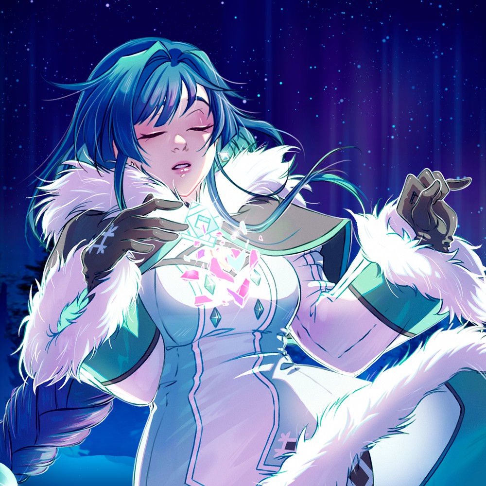 1girl alter/ego alys aqua_gemstone aqua_trim blue_dress blue_hair blue_theme braid braided_ponytail breasts capelet cleavage cleavage_cutout closed_eyes clothing_cutout commentary dress earrings elairin english_commentary eyeshadow fur-trimmed_capelet fur-trimmed_dress fur_trim gem gloves grey_capelet grey_gloves hair_ornament jewelry large_breasts long_hair long_sidelocks makeup parted_lips pink_eyeshadow pink_gemstone pink_lips shattered sidelocks solo square_brooch star_(sky) starry_sky_background two-tone_dress upper_body very_long_hair white_dress